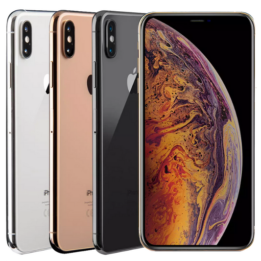 Apple iPhone XS Max available in silver, gold, and space gray with vibrant display.