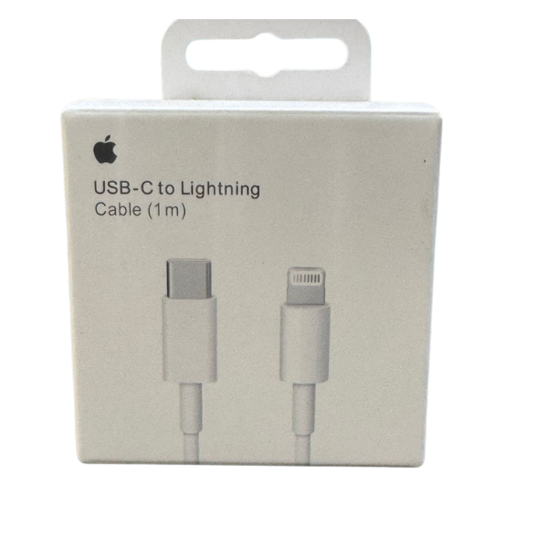 USB-C to Lightning cable packaging, featuring a 1m length, minimalist design, and compatible with various devices.