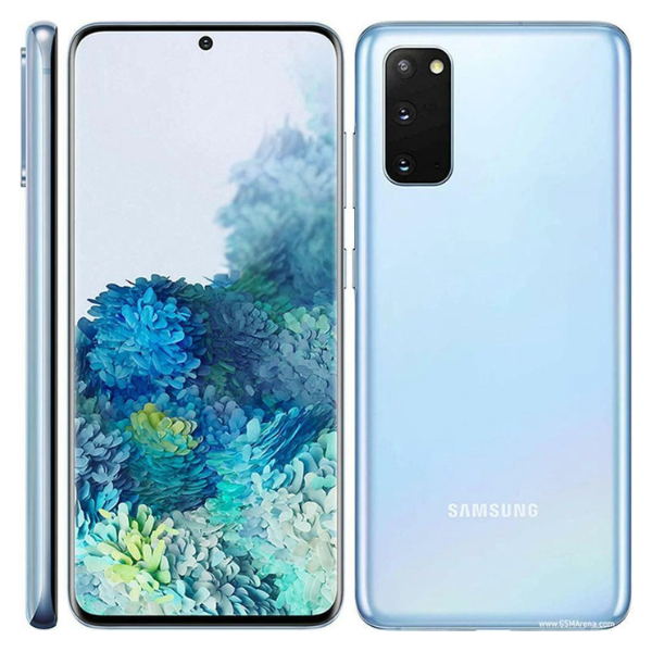 Samsung Galaxy S20 smartphone showing front and back, featuring a sleek blue design and triple-camera setup.