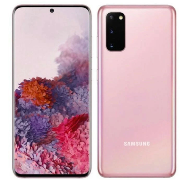 Samsung Galaxy S20 in pink, showcasing front and back design and vibrant display.