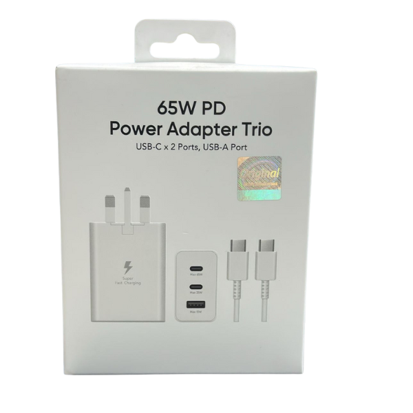 65W PD Power Adapter Trio packaging image showing USB-C and USB-A ports for fast charging.