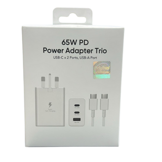 65W PD Power Adapter Trio packaging image showing USB-C and USB-A ports for fast charging.
