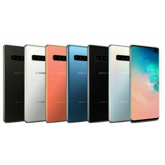 Seven Samsung Galaxy S10 5G smartphones displayed in various colors, showcasing sleek designs and modern features.