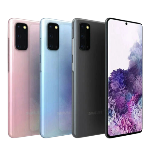 Samsung Galaxy S20 smartphones in pink, blue, and black showcasing sleek design and advanced features.